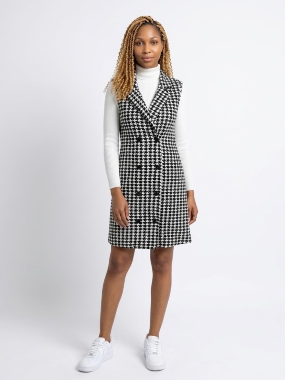 sleeveless houndstooth blazer dress.